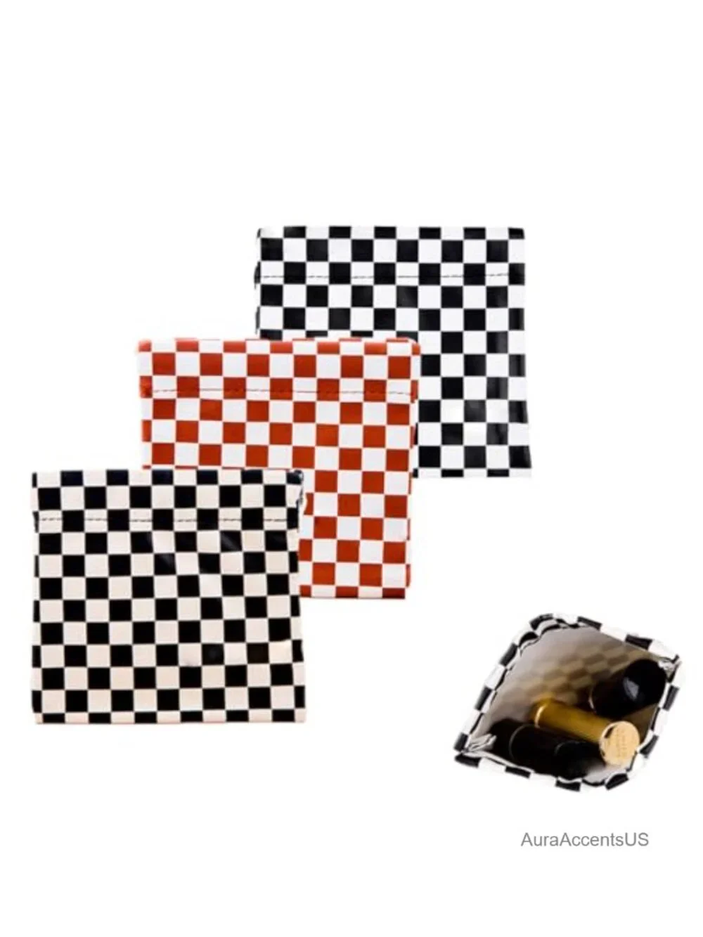 Set of 3 Mini Cosmetic Pouch with Checkerboard Pattern - Faux Leather